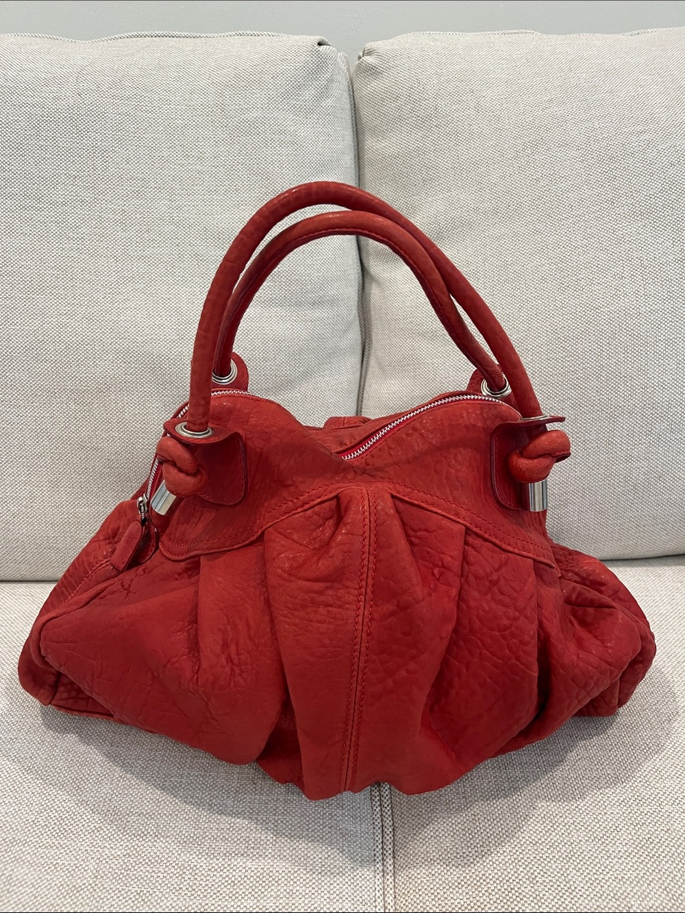 Sundance Red Soft Leather Satchel Handbag-Silver Hardware-Made in Italy